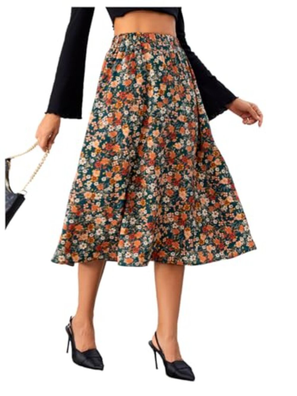 Boho High Waist Flowy Midi Skirt with Elastic Waist